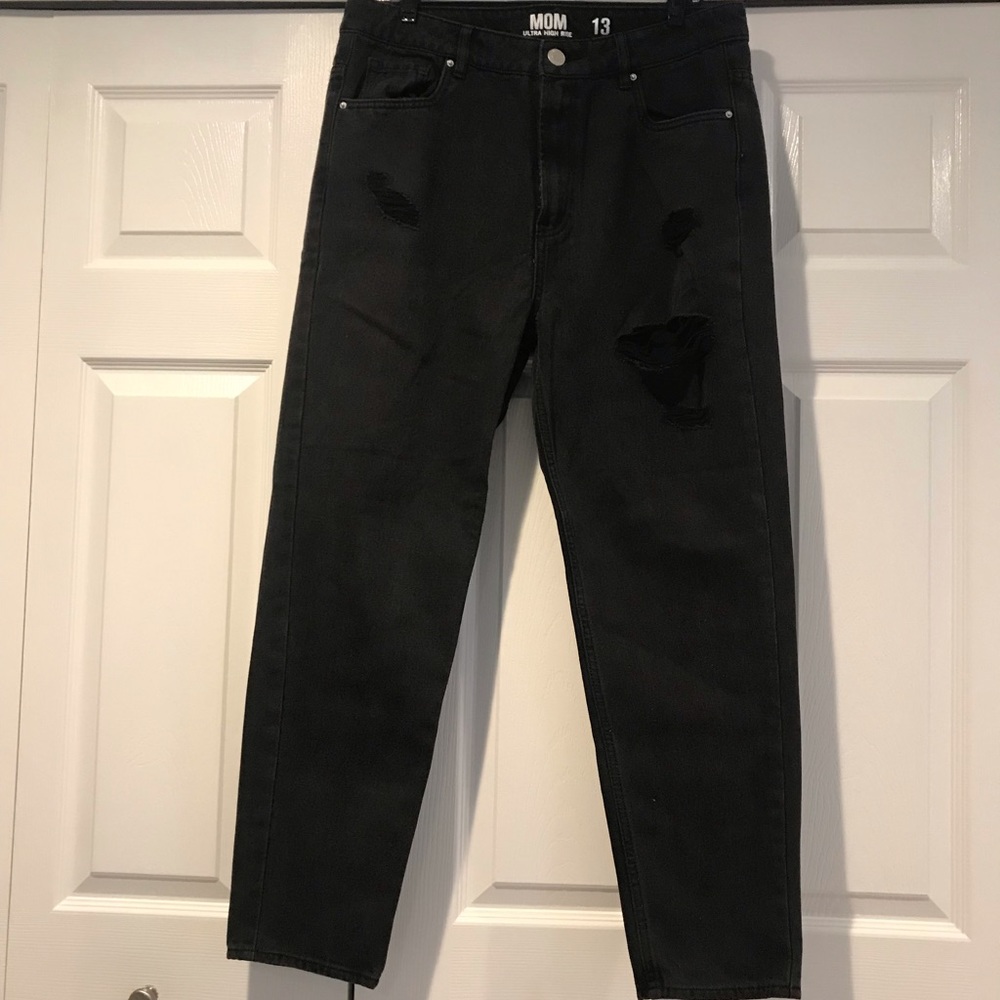 Black Jeans Mom Ripped Style High Rise Size Junior 13 27” inseam
